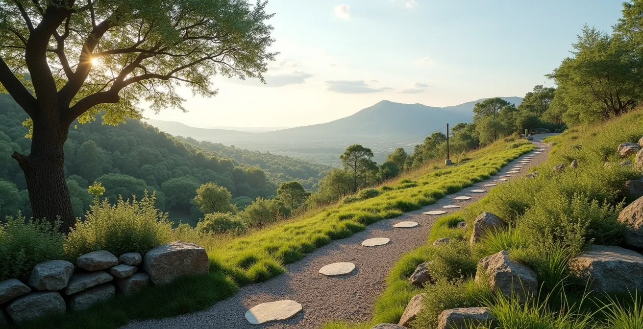 Vue large d'un terrain en pente avec zones d'accès difficiles et végétation mixte