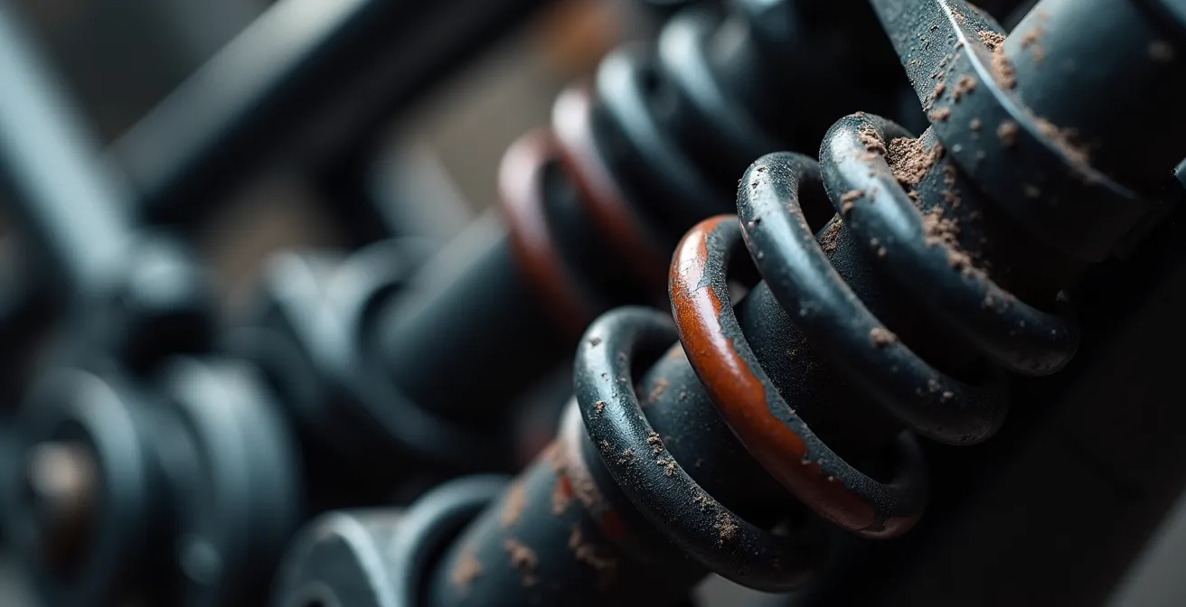 Gros plan sur un système anti-vibrations de débroussailleuse montrant les amortisseurs