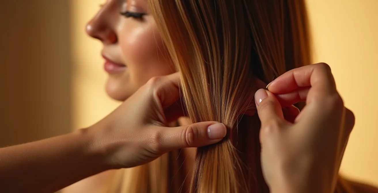 Mains expertes appliquant un soin végétal sur une chevelure brillante