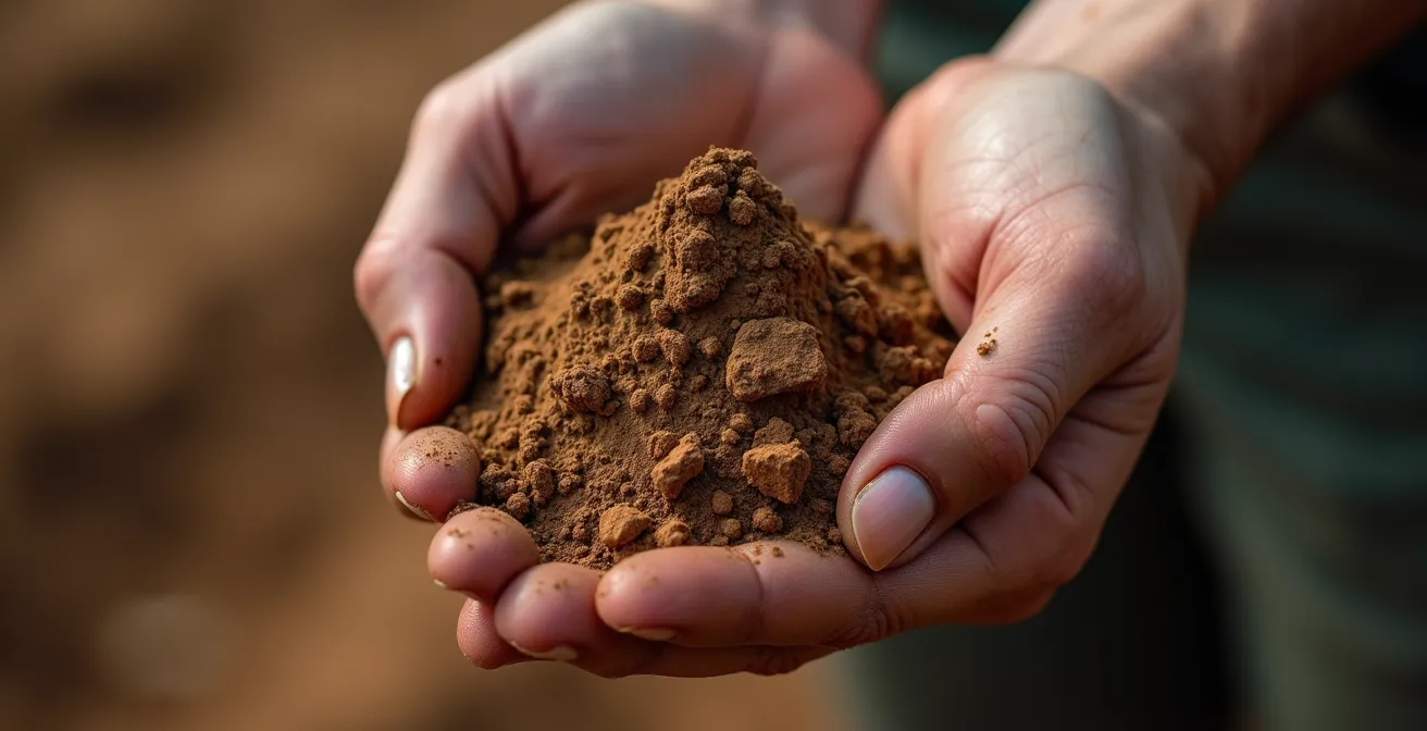 Main experte testant la texture du sol argileux