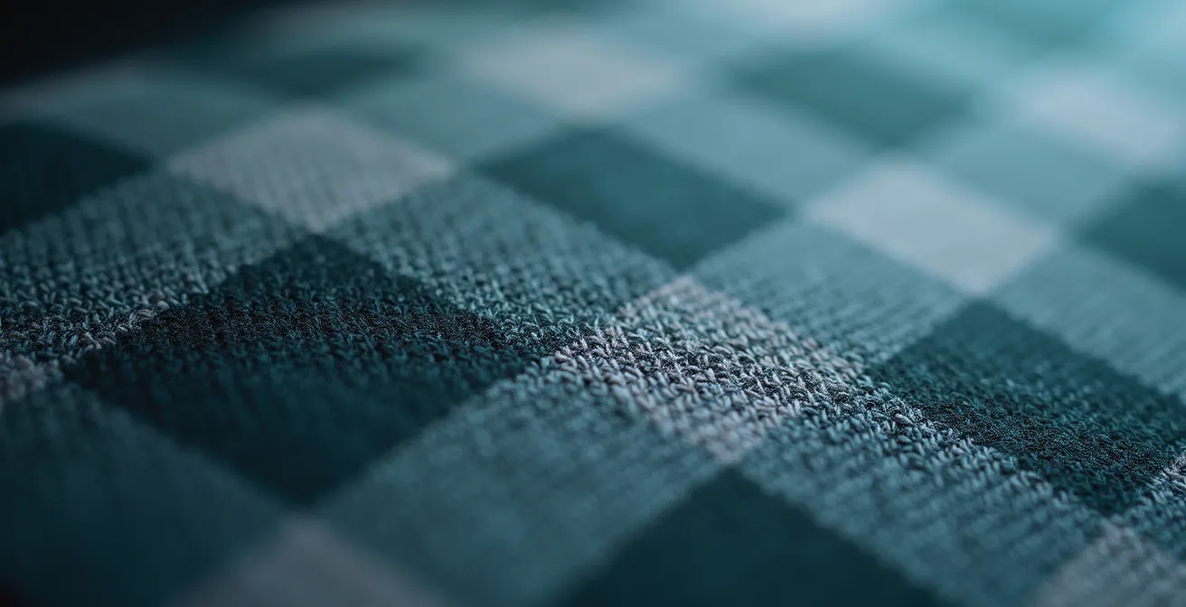 Détail macro d'un textile damier avec textures et matières visibles
