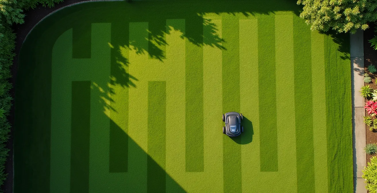 Vue aérienne d'un jardin parfaitement tondu avec motifs géométriques