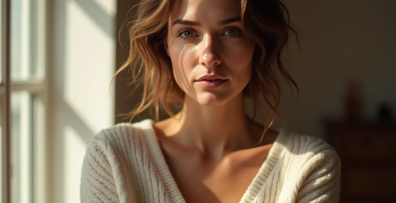 Portrait moderne avec pull col V dans un environnement épuré