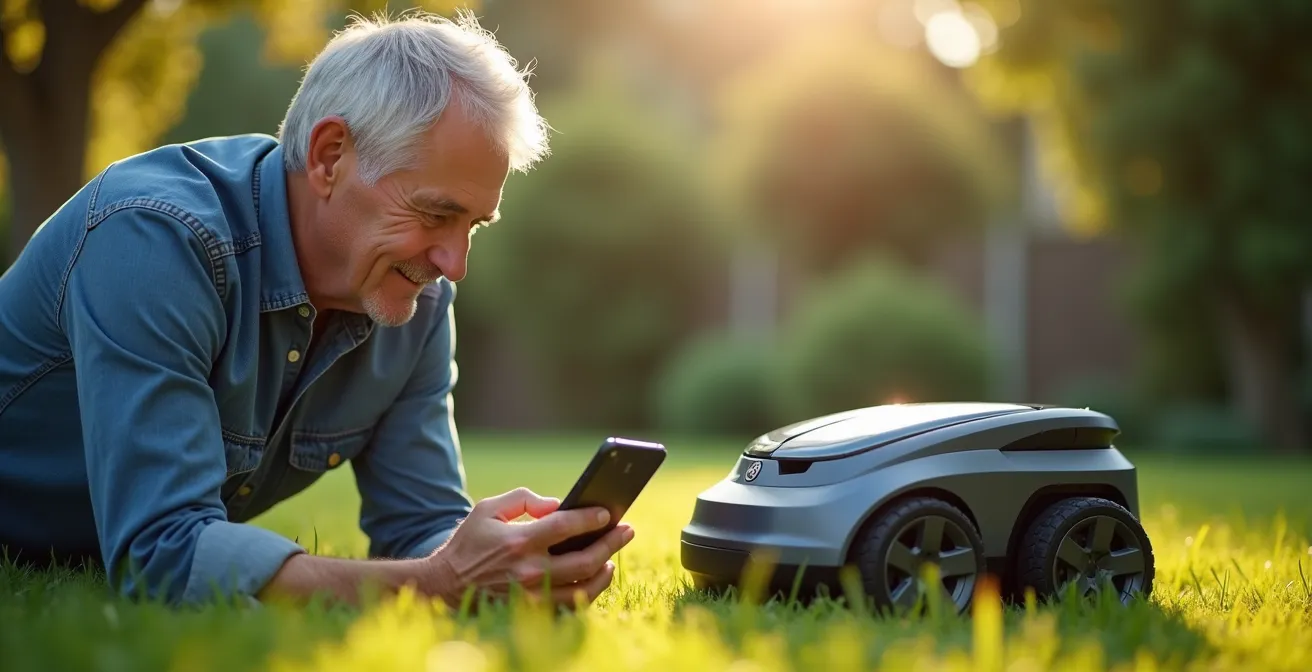 Propriétaire ajustant les paramètres de son robot tondeuse via smartphone