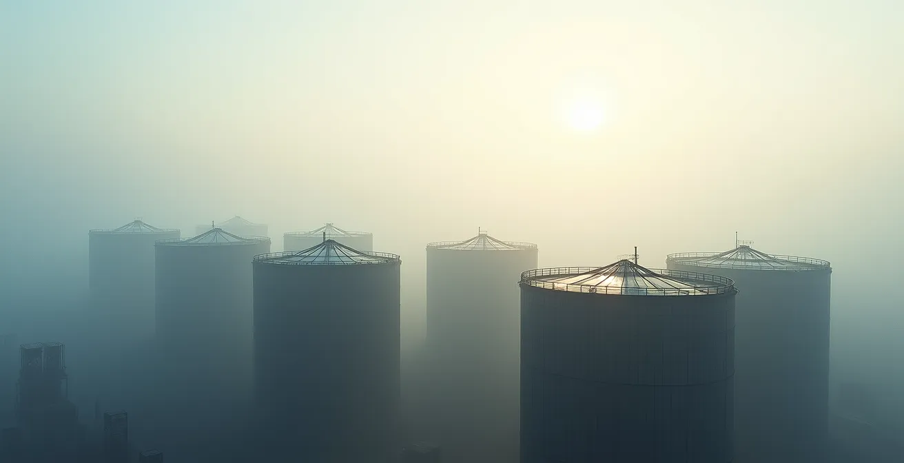 Vue aérienne d'une infrastructure de distribution énergétique avec citernes