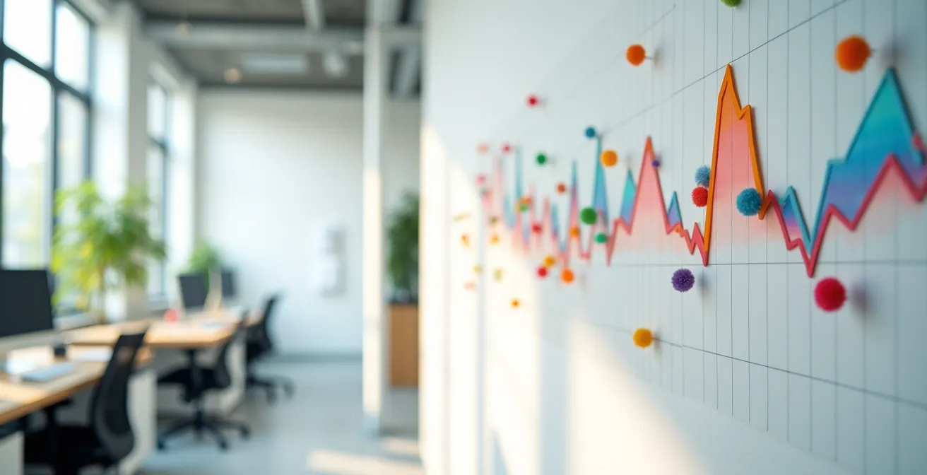 Vue d'ensemble d'un espace de travail avec graphiques de suivi épinglés au mur