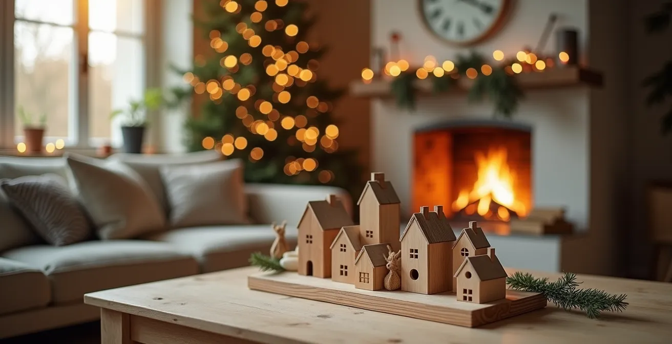 Calendrier de l'avent en bois artisanal avec petites maisons et décorations suspendues