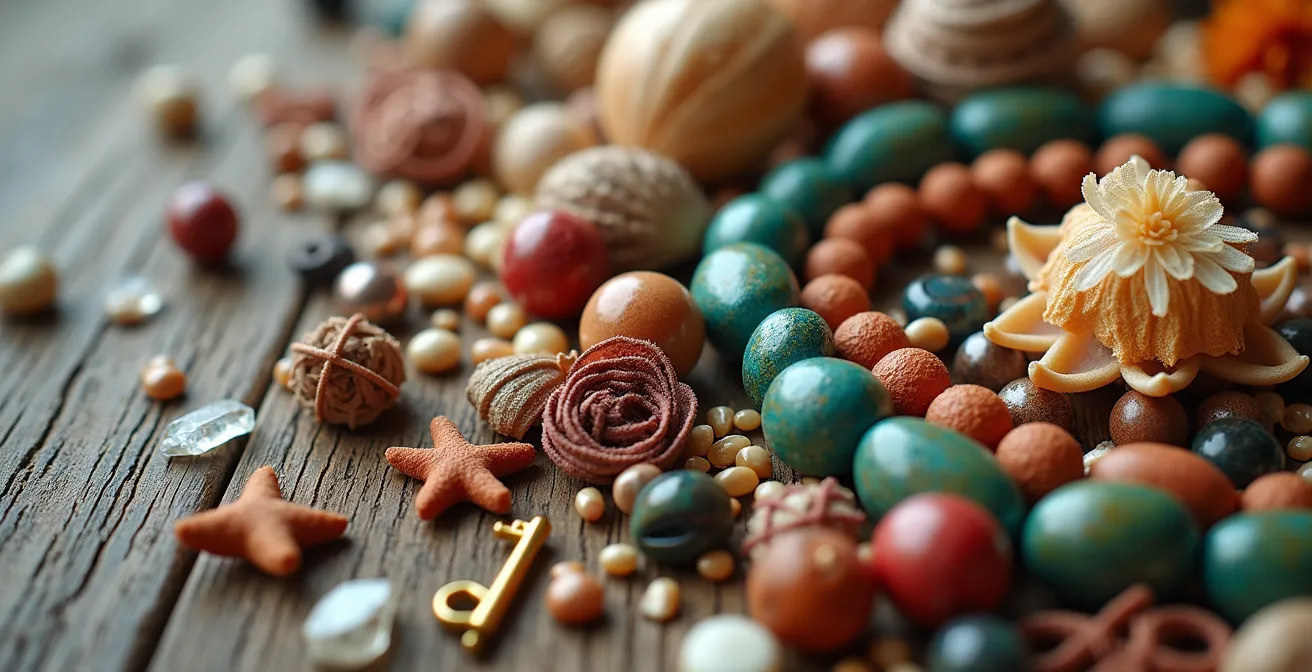 Arrangement de petites surprises colorées disposées sur une surface en bois