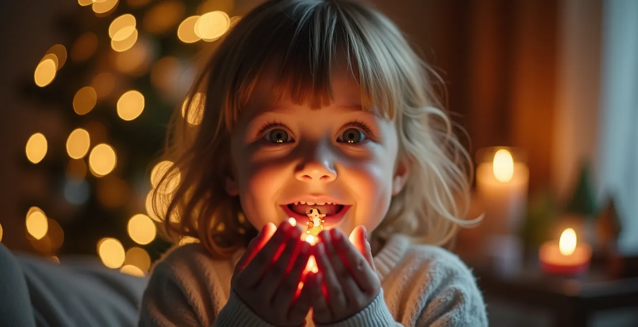 Visage d'enfant émerveillé découvrant un petit objet dans sa main