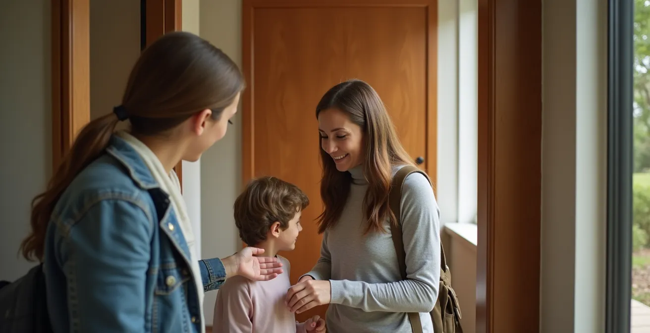 Famille dans un hall d'entrée moderne avec système de contrôle d'accès