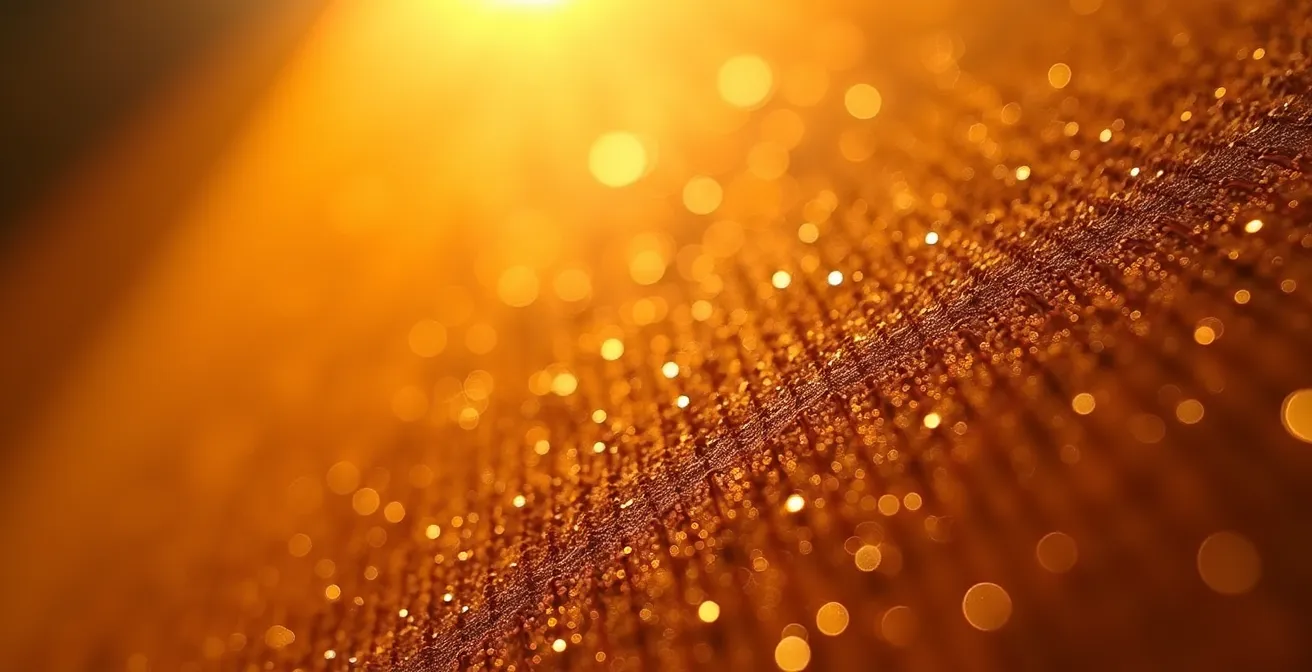 Détail macro de toile de store avec effet de filtration lumineuse visible