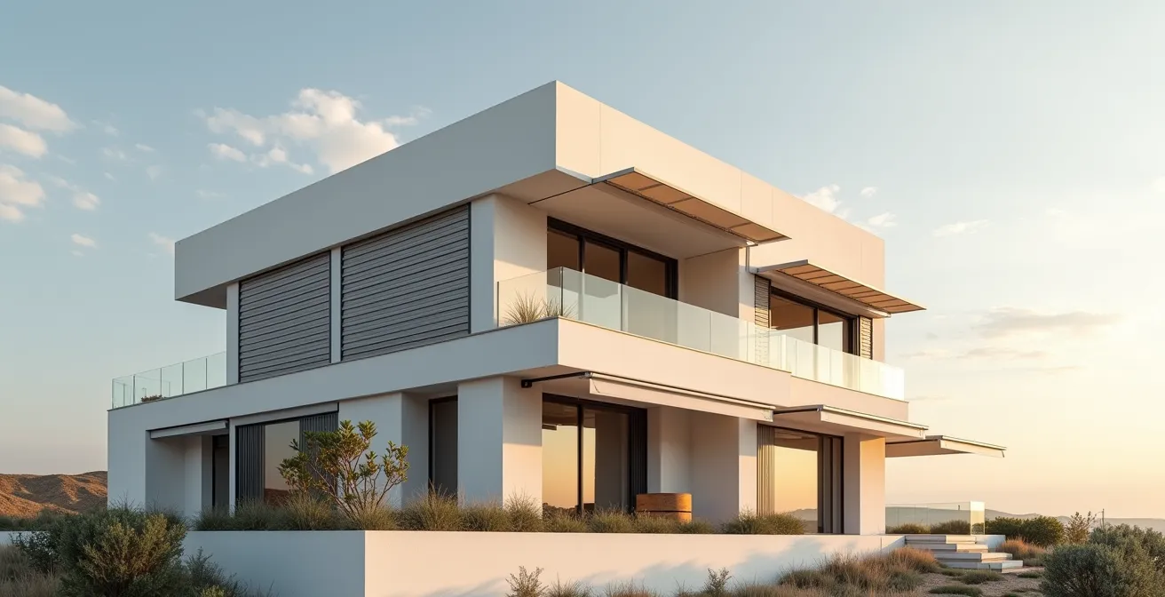 Façade de maison moderne montrant différentes protections solaires intégrées