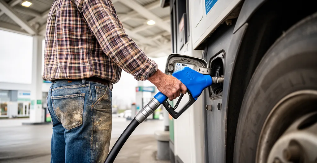 Chauffeur poids lourd ravitaillant son camion en AdBlue à une pompe de station-service