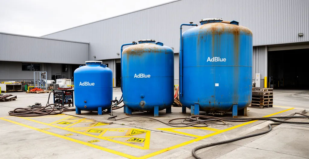 Trois cuves AdBlue de différentes capacités alignées sur un site industriel