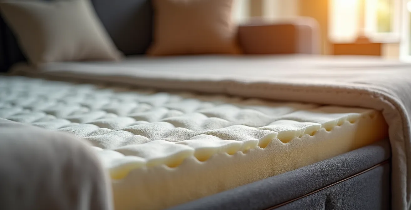 Gros plan sur la texture et l'épaisseur d'un matelas de canapé convertible de qualité