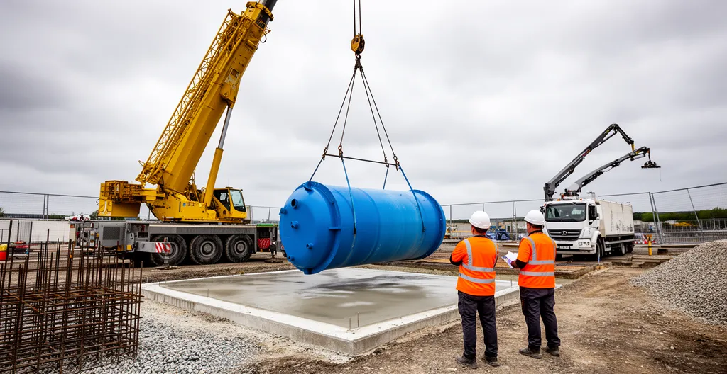 Grue déposant une cuve AdBlue bleue sur une dalle béton pendant l'installation sur un site professionnel