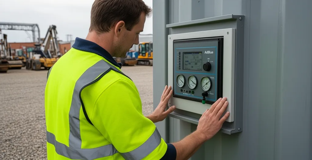 Technicien en gilet de sécurité consultant la jauge électronique d'une cuve AdBlue