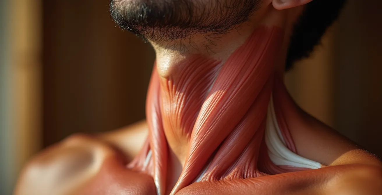 Vue macro sur les muscles du cou d'une personne, montrant la texture de la peau et les tensions musculaires