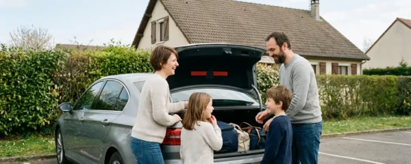 Famille française chargeant valises dans voiture avant départ aéroport CDG