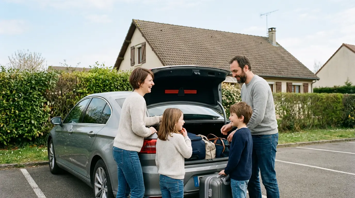 Famille française chargeant valises dans voiture avant départ aéroport CDG