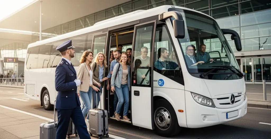 Navette blanche transportant voyageurs vers terminal CDG avec bagages