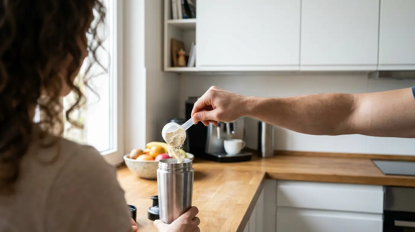 Préparation d'un shaker protéine dans une cuisine moderne