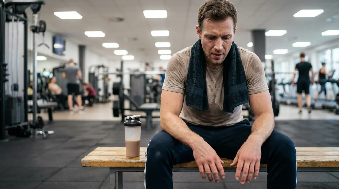 Sportif européen en récupération après entraînement avec shaker protéine