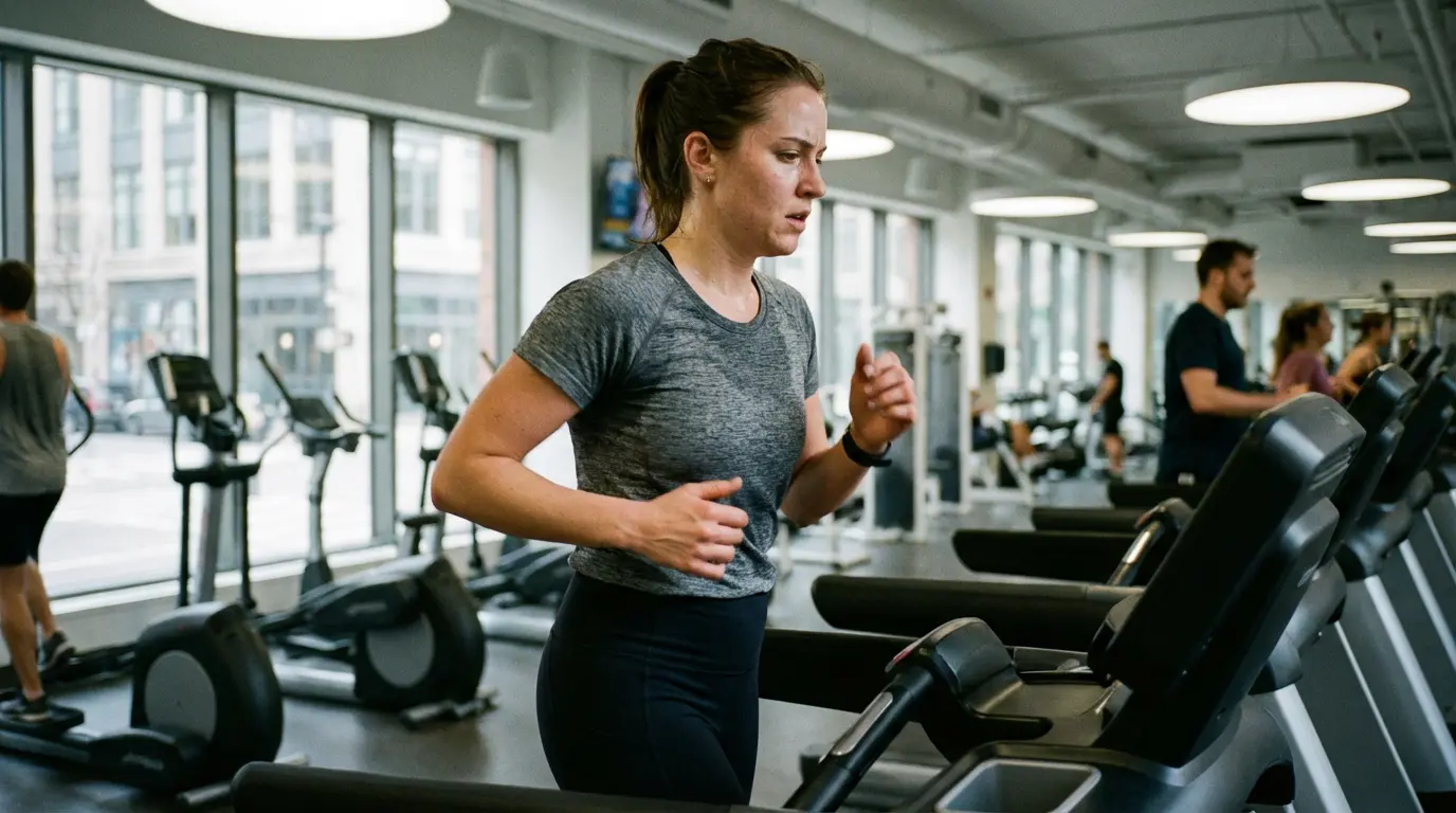 Sportive européenne en plein effort sur tapis de course en salle