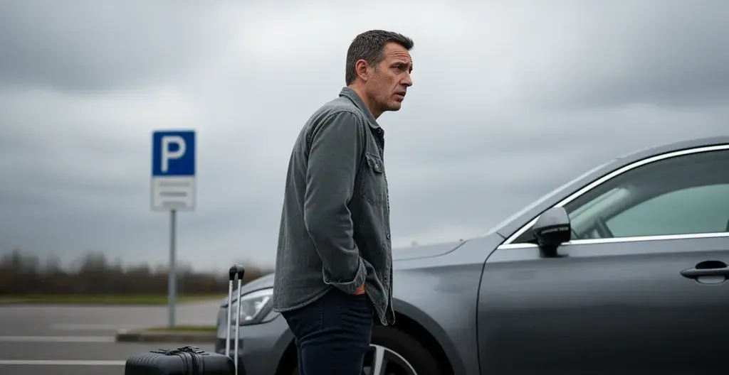 Voyageur inquiet consultant sa montre devant parking aéroport complet