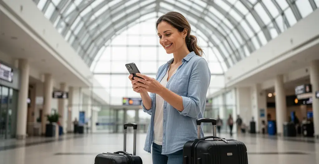 Femme consultant confirmation de réservation parking sur smartphone