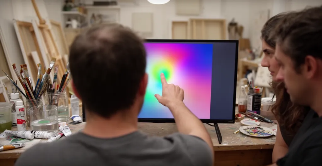 Animateur d'atelier créatif montrant une zone de couleur sur écran à un participant