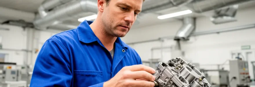 Opérateur inspectant une pièce usinée dans un atelier industriel équipé de systèmes de filtration