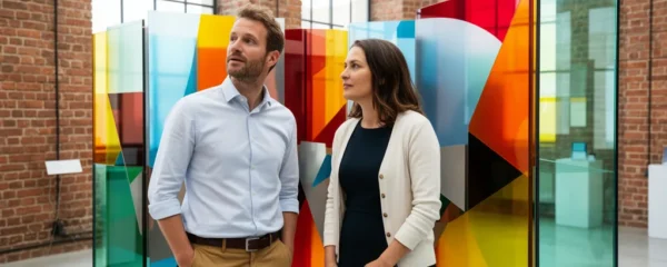 Collègues échangeant devant une installation artistique lors d'un séminaire d'entreprise