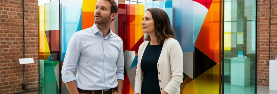 Collègues échangeant devant une installation artistique lors d'un séminaire d'entreprise