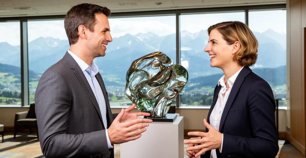 Deux collègues en conversation animée devant une œuvre d'art lors d'un séminaire en Haute-Savoie