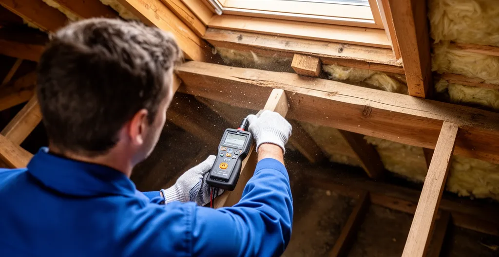 Technicien inspectant une charpente bois pour diagnostic termites obligatoire
