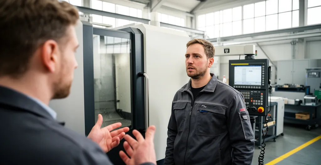 Responsable production discutant avec un opérateur près d'une machine dans un atelier moderne