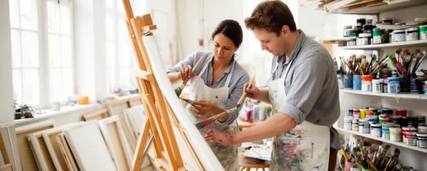 Participants adultes concentrés manipulant de la peinture sur toile en atelier créatif