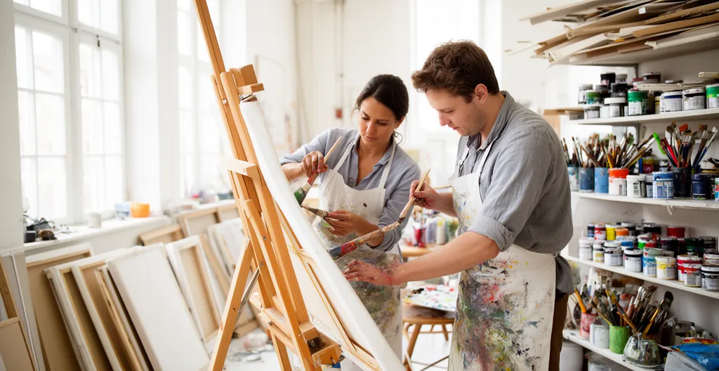 Participants adultes concentrés manipulant de la peinture sur toile en atelier créatif
