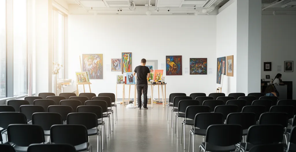 Préparation d'une exposition interactive dans un espace événementiel avant l'arrivée des participants