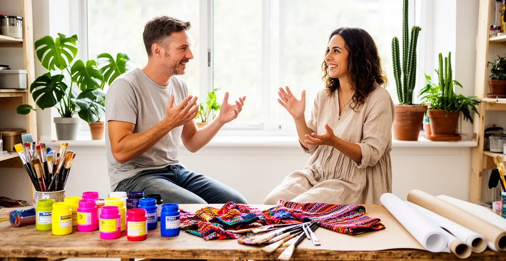 Deux participants d'atelier créatif échangent sur leurs créations en binôme