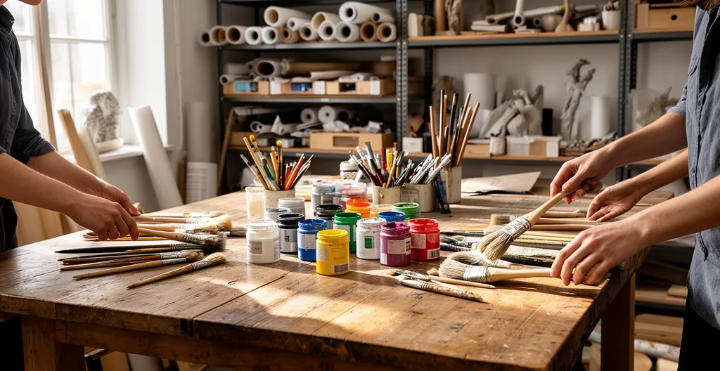 Participants rangeant le matériel créatif après un atelier d'art