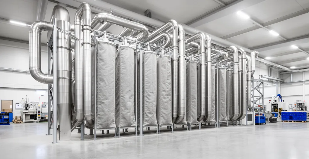 Système de filtration industrielle avec gaines d'extraction dans un atelier de production