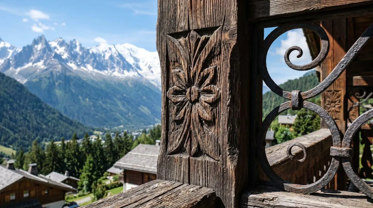 Gros plan sur la texture du bois vieilli d'un balcon traditionnel de chalet savoyard avec détails sculptés et fer forgé