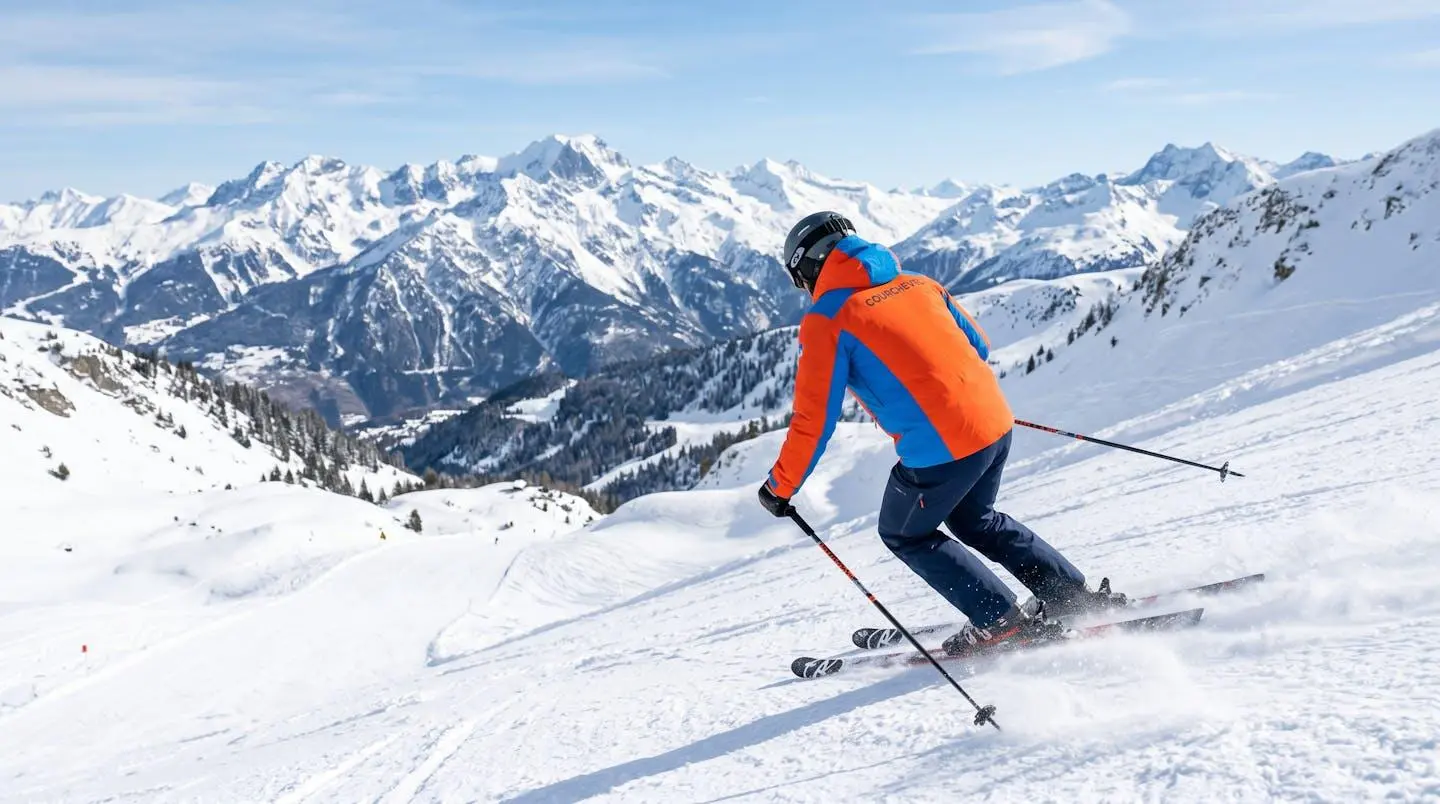 Un skieur vu de dos en combinaison colorée descend une piste enneigée avec le massif montagneux de Courchevel en arrière-plan sous un ciel bleu
