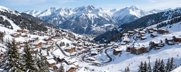 Vue d'ensemble du massif montagneux enneigé de Courchevel avec les villages étagés le long de la pente, chalets en bois et ciel bleu