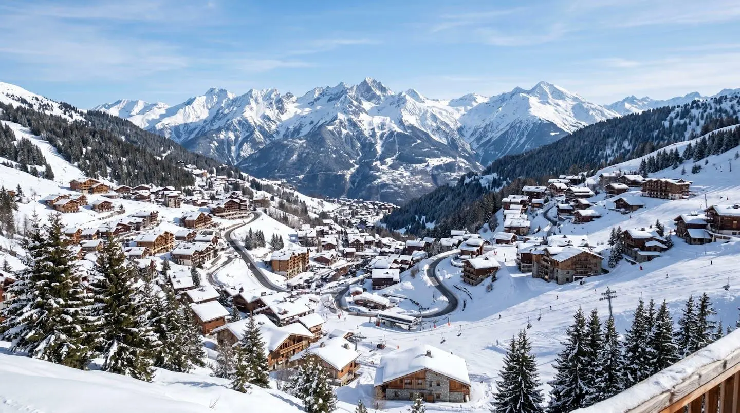 Vue d'ensemble du massif montagneux enneigé de Courchevel avec les villages étagés le long de la pente, chalets en bois et ciel bleu