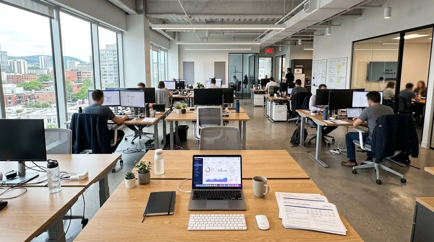 Bureau professionnel contemporain d'une PME canadienne avec ordinateur et documents de gestion visibles sur un poste de travail organisé