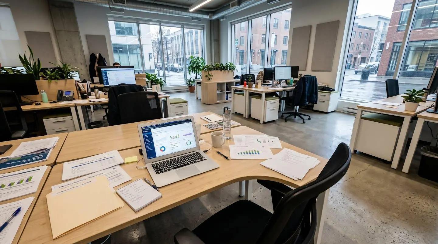Bureau professionnel contemporain d'une PME canadienne avec ordinateur et documents de gestion visibles sur un poste de travail organisé