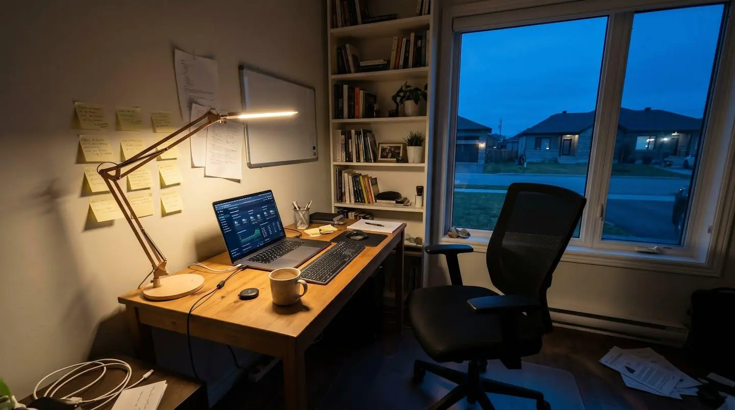Bureau de travail en fin de journée avec lampe allumée, tableau de bord de performance affiché, notes collées au mur, chaise vide